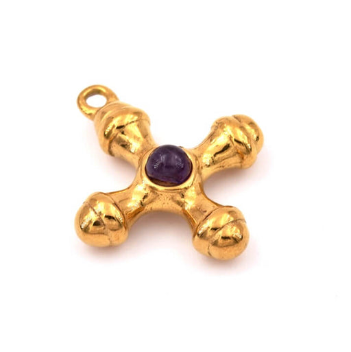 Kaufen Sie Perlen in Deutschland Kreuzanhänger mit Amethyst - Goldener Edelstahl 24mm (1)