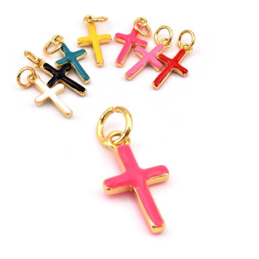 Kreuz-Charm-Anhänger vergoldetes Messing neon fluo rosa Emaille – 15 x 8 mm (1)